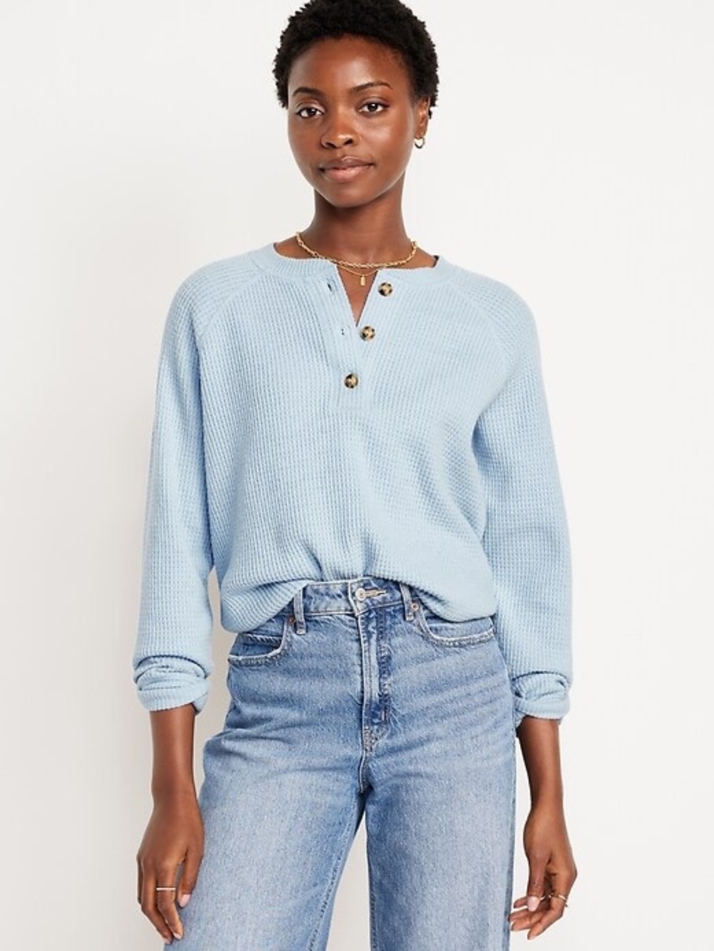 Old Navy Light Blue Crew Neck Cotton Buttoned Sweater M